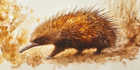 This artwork features a detailed watercolor illustration of an echidna exploring its natural habitat. Soft colors and textures showcase its unique spines and earthy surroundings.