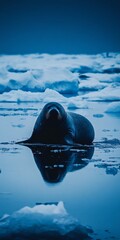 A solitary seal rests on a floating ice patch, reflecting in calm waters. The tranquil scene showcases the beauty of marine wildlife in a cold environment.
