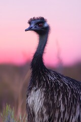A large ostrich stands in a field of grass. The sky is pink and purple, and the bird is looking to the right