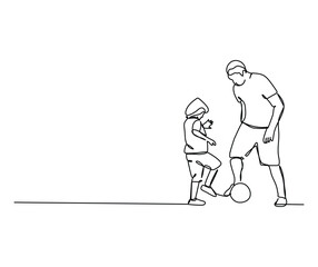 Continuous one line art of father And son Playing football In the park.