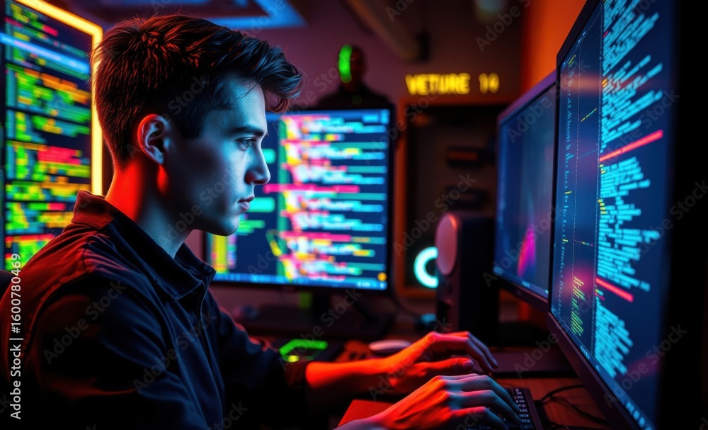 Poster a young man is deeply engaged in programming with code displayed on multiple monitors in a vibrant t