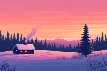 Selbstklebende Fototapeten A cozy winter cabin nestled in snow with pine trees under a colorful dusk sky. The serene landscape invites tranquility and peace in nature's embrace. © Cloudyew