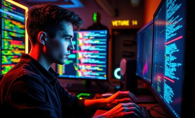 Fototapeta premium A young man is deeply engaged in programming with code displayed on multiple monitors in a vibrant tech-filled environment Vibrant Rim Light technology vibrant background colorful modern