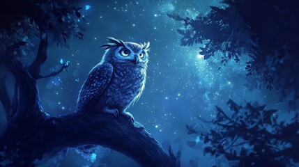 A majestic owl perched on a branch under a starry night sky, surrounded by ethereal butterflies. The scene captures tranquility and a magical atmosphere.