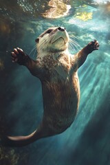 A brown otter is swimming in the ocean. The otter is in the water with its paws outstretched, as if it is trying to catch something. The water is blue and the sky is clear
