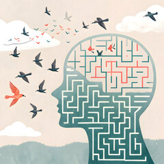mind maze turning into birds breaking free from