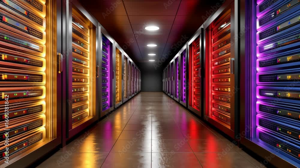 Poster illuminated high tech server room colorful racks showcase modern technology and efficient cooling sy