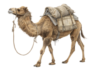 Illustration of a camel with a pack on its back and a rope halter against a black background