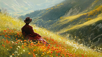  A traveler resting on the grassy hillside, surrounded by blooming flowers at midday 