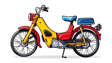 Obraz premium Vibrant yellow and red vintage moped with blue seat, isolated on white background