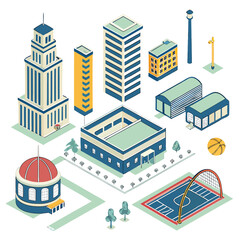 Isometric cityscape illustration featuring a building isolated on white background