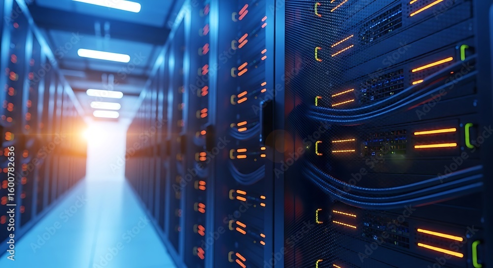Poster a server room houses data center network technology for computing