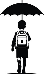 A school going kid walking with an Umbrella on a rainy day Vector Illustration on a white background