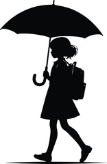 A school going kid walking with an Umbrella on a rainy day Vector Illustration on a white background