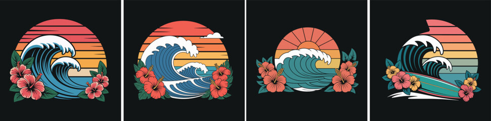 Naklejka premium Vector logo of a surf club with a wave and flowers | Summer logo collection