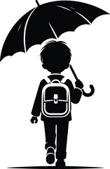 A school going kid walking with an Umbrella on a rainy day Vector Illustration on a white background
