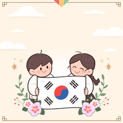 8.15 Korean Liberation Day Commemorative Banner Illustration. A man and a woman holding the Taegeukgi (Korean national flag).