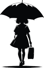 A school going kid walking with an Umbrella on a rainy day Vector Illustration on a white background