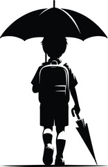 A school going kid walking with an Umbrella on a rainy day Vector Illustration on a white background