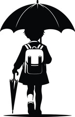 A school going kid walking with an Umbrella on a rainy day Vector Illustration on a white background