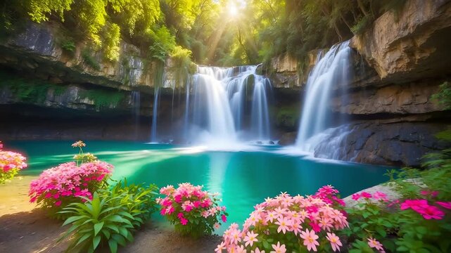 Beautiful waterfall in the middle of a tropical rainforest.