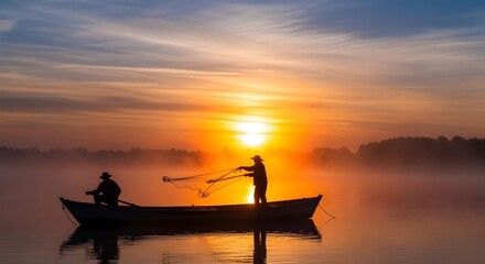 Silhouetted Fishermen in a Small Boat on a Misty Lake at Sunrise