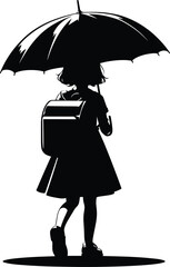 A school going kid walking with an Umbrella on a rainy day Vector Illustration on a white background