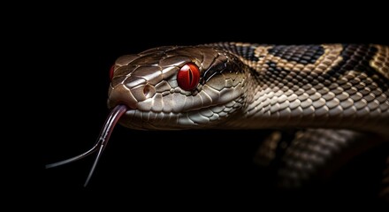 Fototapeta premium Black Snake on Branch with Tongue Out and Intense Yellow Eyes