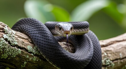 Obraz premium Black Snake on Branch with Tongue Out and Intense Yellow Eyes