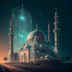 mosque silhouette made of circuit lines islam a