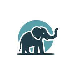 A stylized dark blue elephant silhouette stands against a teal circular background