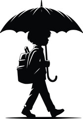 A school going kid walking with an Umbrella on a rainy day Vector Illustration on a white background