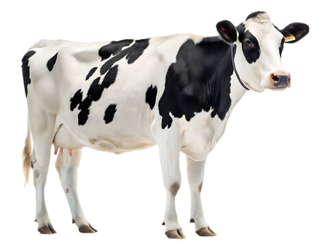 A full body shot of a black and white holstein cow standing on a black background in a studio setting