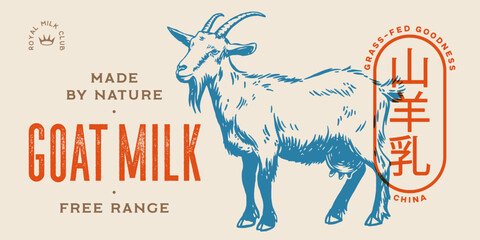 Goat, milk cheese tag label. Template Goat Cheese Milk Tag Label. Vintage print, tag, label farm goat sketch ink pencil draw, engrave old school style. Template tag label. Vector Illustration
