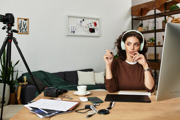 Creative freelancer enhancing visuals in cozy home workspace using graphic tablet