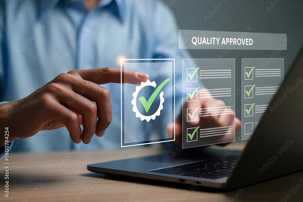 Poster person interacting with quality control checklist on a digital interface