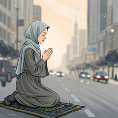 muslim girl praying while city dissolves around h