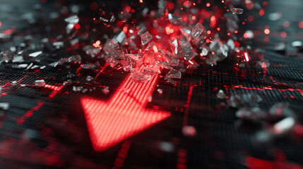 Shards of glass falling on a red arrow pointing downwards on a dark textured surface close up view
