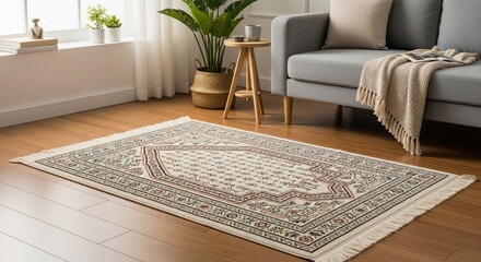 Elegant beige rug with ornamental design laid on wooden floor in a modern living room
