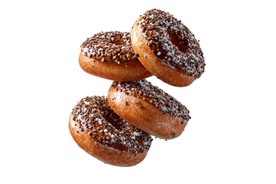Floating chocolate donuts with sprinkles on a transparent background. Perfect for bakeries, dessert ads, and food blogs