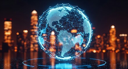 A digital globe hovers over a cityscape, representing global connectivity