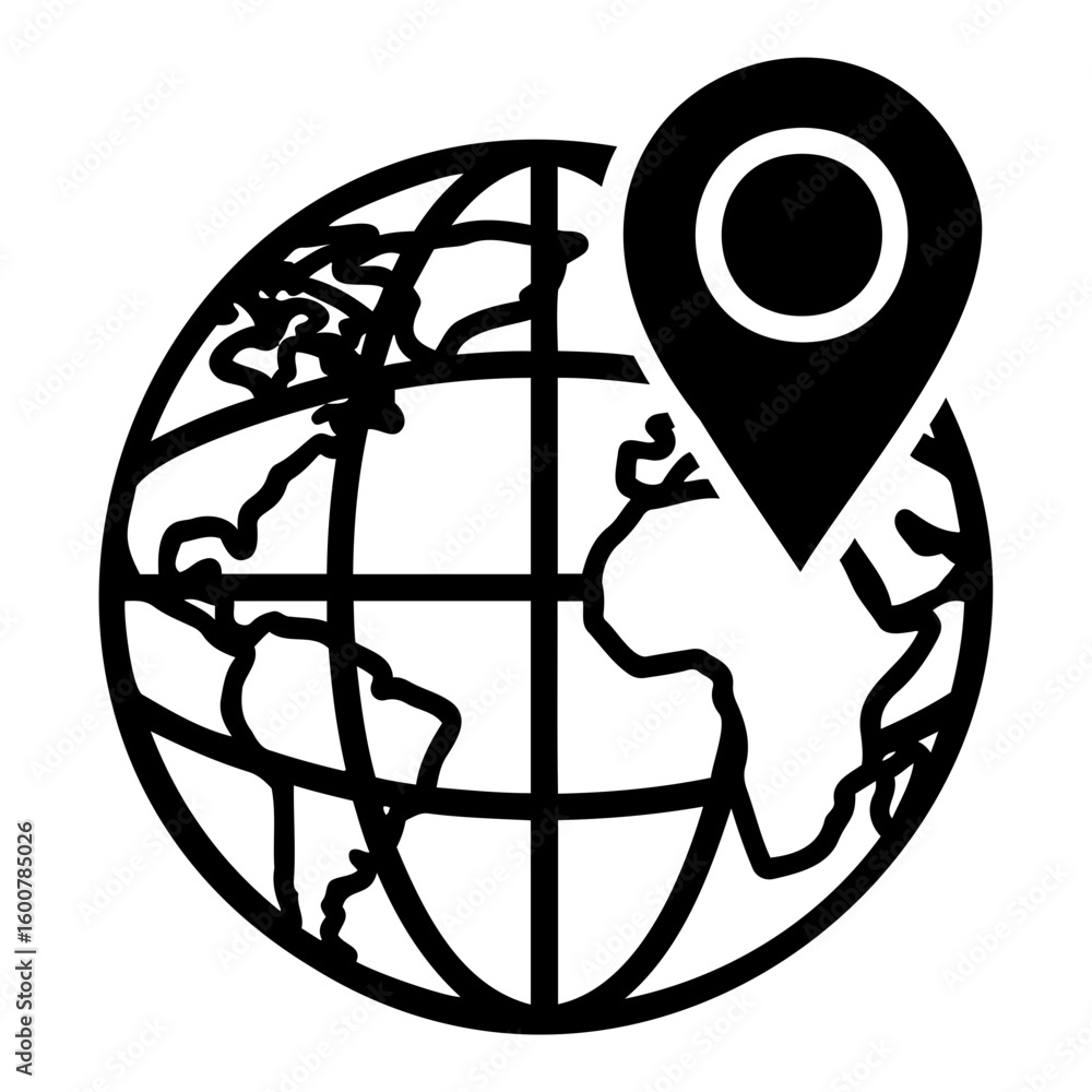 Poster globe outline with continents and latitude and longitude lines with location pin pointing to africa
