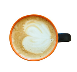 Top view of cappuccino coffee with ceramic round cup, isolated on  transparent.