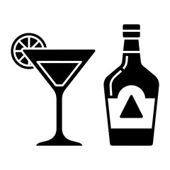 Silhouette Vector Illustration of a martini glass with a lemon slice and a bottle of alcohol in black and white style