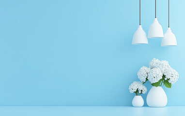 Bright minimalist interior blue wall white pendant lamps hydrangea vases