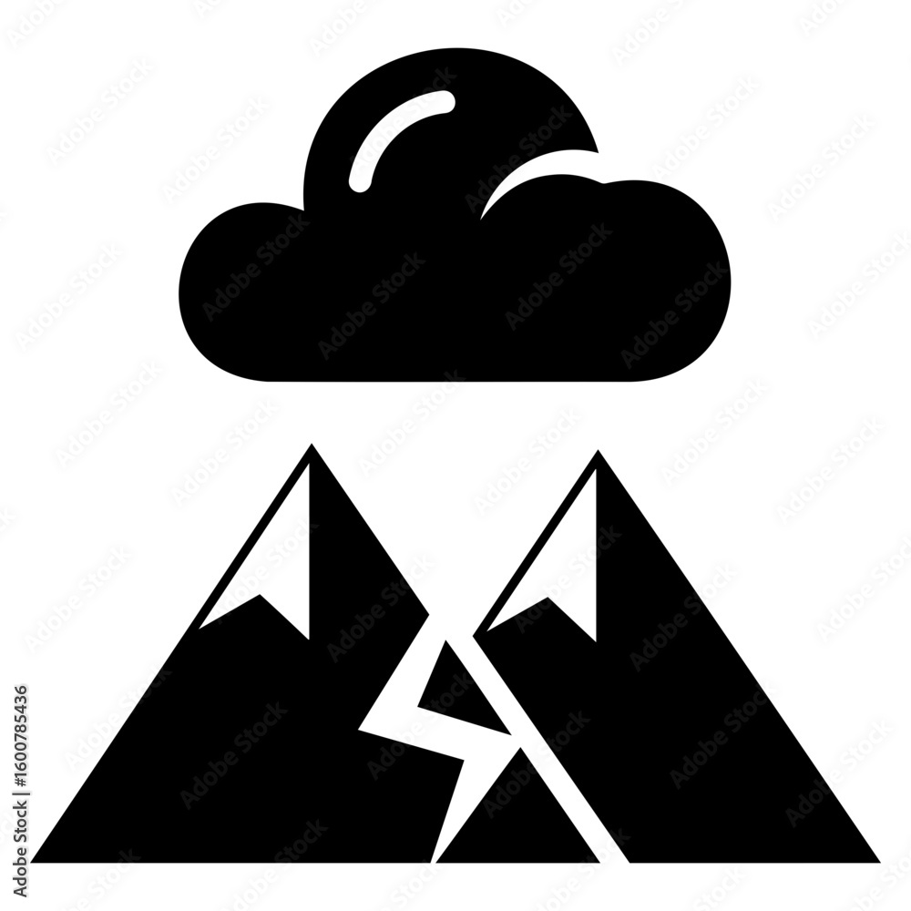 Poster silhouette vector illustration of two mountains with a lightning bolt between them and a cloud above