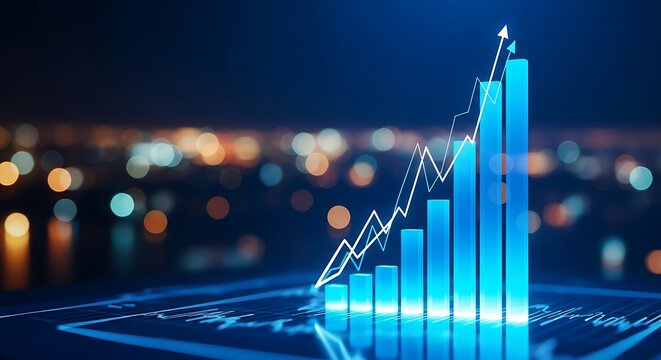 A blue bar graph shows financial growth against a blurred cityscape - Powered by Adobe