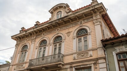 Obraz premium Ornate facade of an old historic european building with arched windows and a balcony