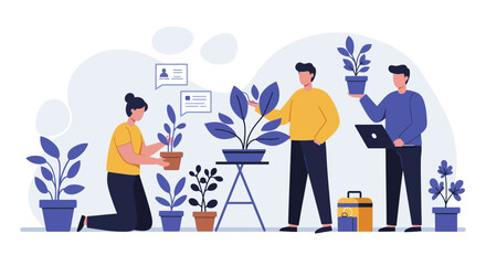 People Gardening and Caring for Potted Plants Illustration.