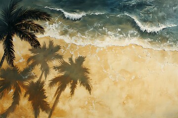 Top-down view of a serene beach with scattered palm shadows over soft golden sand, gentle waves lapping the shore 